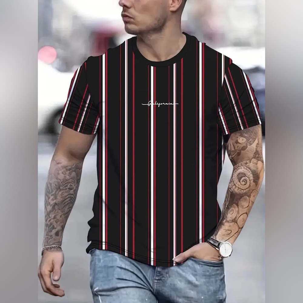 (B4)‎ SHEIN Manfinity Homme Vertical Striped T-Shirt Black Red White 3XL Plus